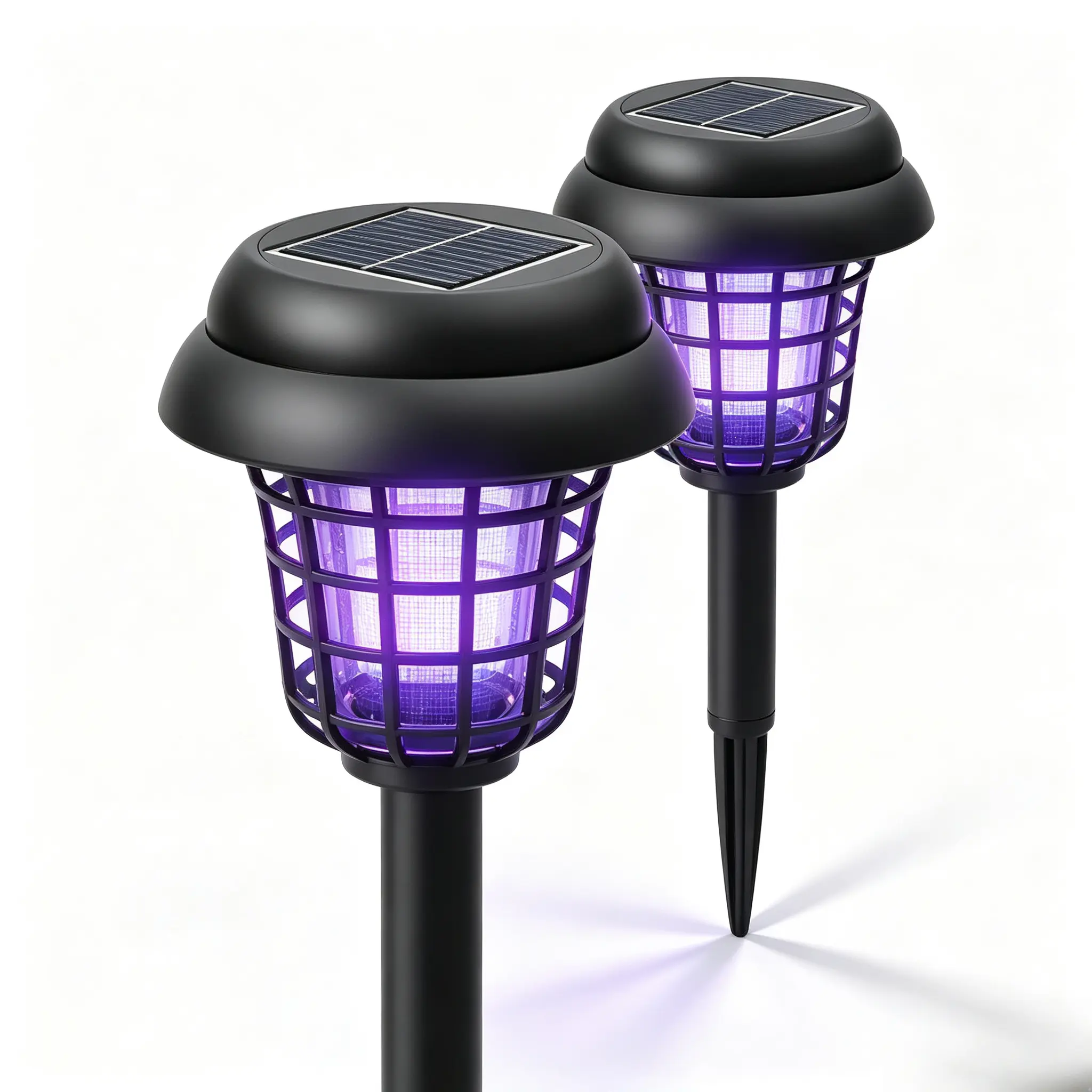 2 Pack Solar-Powered Waterproof Bug Zapper, Vintage Black Plastic Mosquito Killer Lamp with Purple & Warm Dual Light, 2-in-1 Insect Repellent Lighting for Garden, Patio, Outdoor Use
