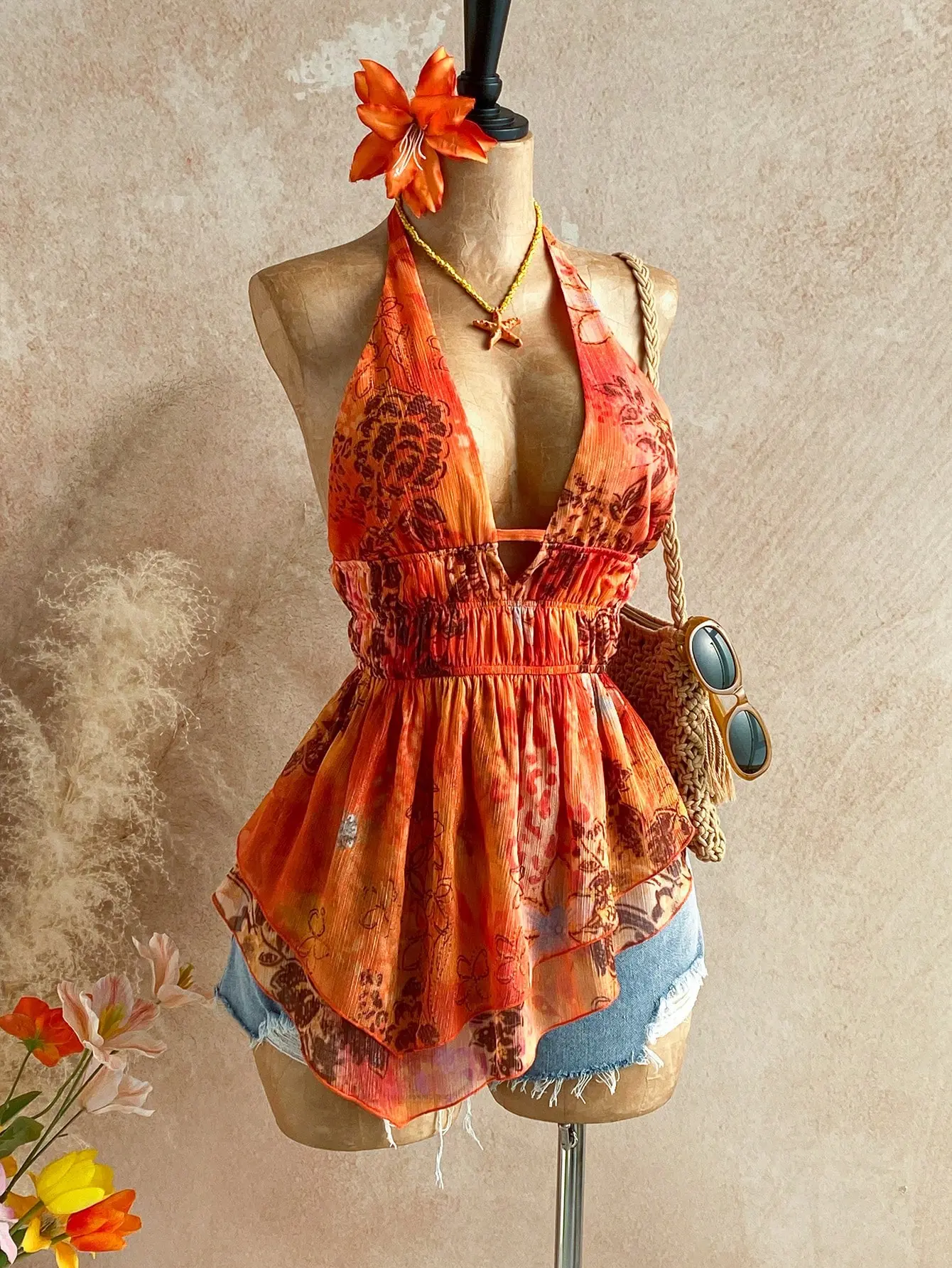 Women’s Burnt Orange Floral Halter Top – Tropical Print Backless Bow Tie Asymmetric Hem Boho Summer Beach Vacation Tank Top