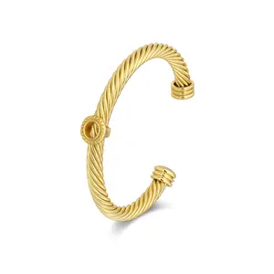 Aprilery Golden Twisted Cable Cuff with Ornate Circular Detail – Artisan Textured Open Bracelet