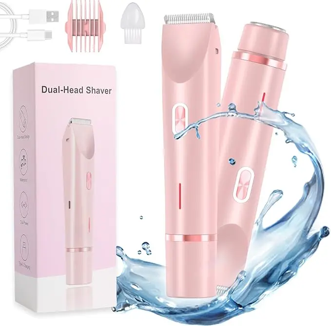 2-in-1 Smooth Cordless Electric Bikini Trimmer for Women – Dual-Head Ceramic Blade Razor,  & Lightweight, IPX7 Waterproof Grooming Kit with Brush for Facial, Body, Underarms & Legs