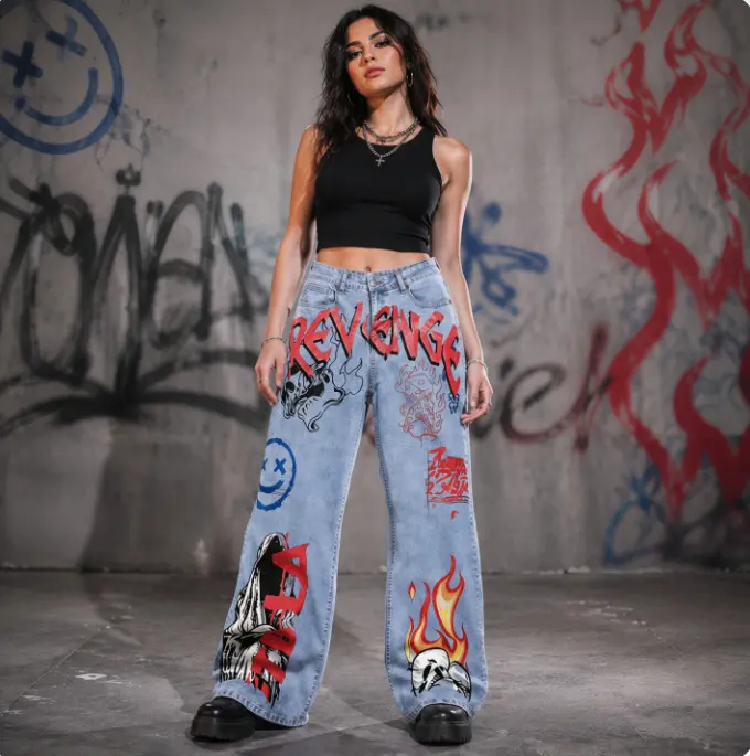 Women's Streetwear Punk High-Waisted Wide-Leg Thin Light-Wash Loose Fit Jeans - Multi Revenge Text, Ghost Skull, Flame, Dice, Smiley Prints, Direct Spray Print, Breathable Soft Fabric, Summer Cool, Unisex Matching Bottoms, Asymmetric Drape