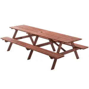Extra Large 95-Inch Outdoor Picnic Table Set with Benches, 12-Person Wooden Patio Table with Umbrella Hole, Rustic Brown Garden Furniture for Backyard, 240cm