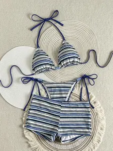 BUDDIES Women's 3-Piece Beaded Bikini Set: Textured Multicolor Striped Fabric, Light Pink, Fashion Casual Resort Sweet Style Halter Neck Bikini Top And Briefs