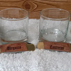 Custom Etched Brandy Cups with Matching Pocket Knives.
