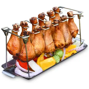 Stainless Steel Chicken Leg Rack with Oil Tray, Easy-To-Use 12-Slot Chicken Wing Holder, Ideal for Smoker, Durable BBQ Accessories