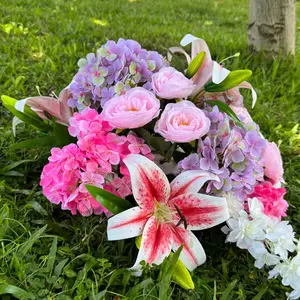 Large Romantic Artificial Flower Arrangement Pink Purple White Mixed Bouquet Silk Hydrangea Rose Lily Wedding Centerpiece Home Decor Luxury Floral Display