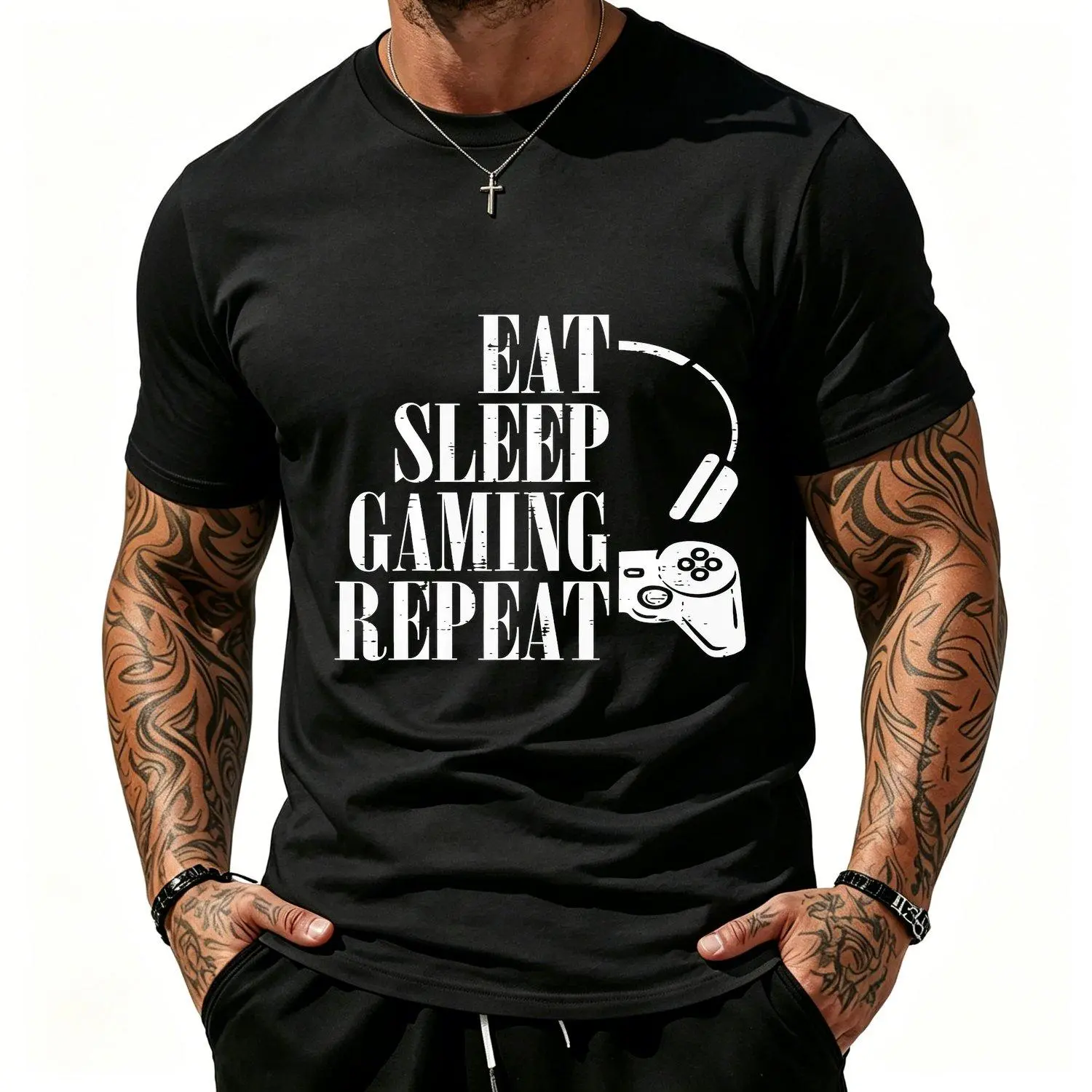 Eat Sleep Gaming Repeat Funny Gamer Graphic Casual Vintage Video Game Controller Slogan T Shirt Men Streetwear Gaming Inspired Apparel