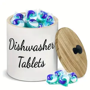 Wooden Dishwasher Detergent Pod Holder, 1 Count Dishwasher Tablet Storage Box with Lid, Home Organizer for Laundry Room Bathroom Kitchen