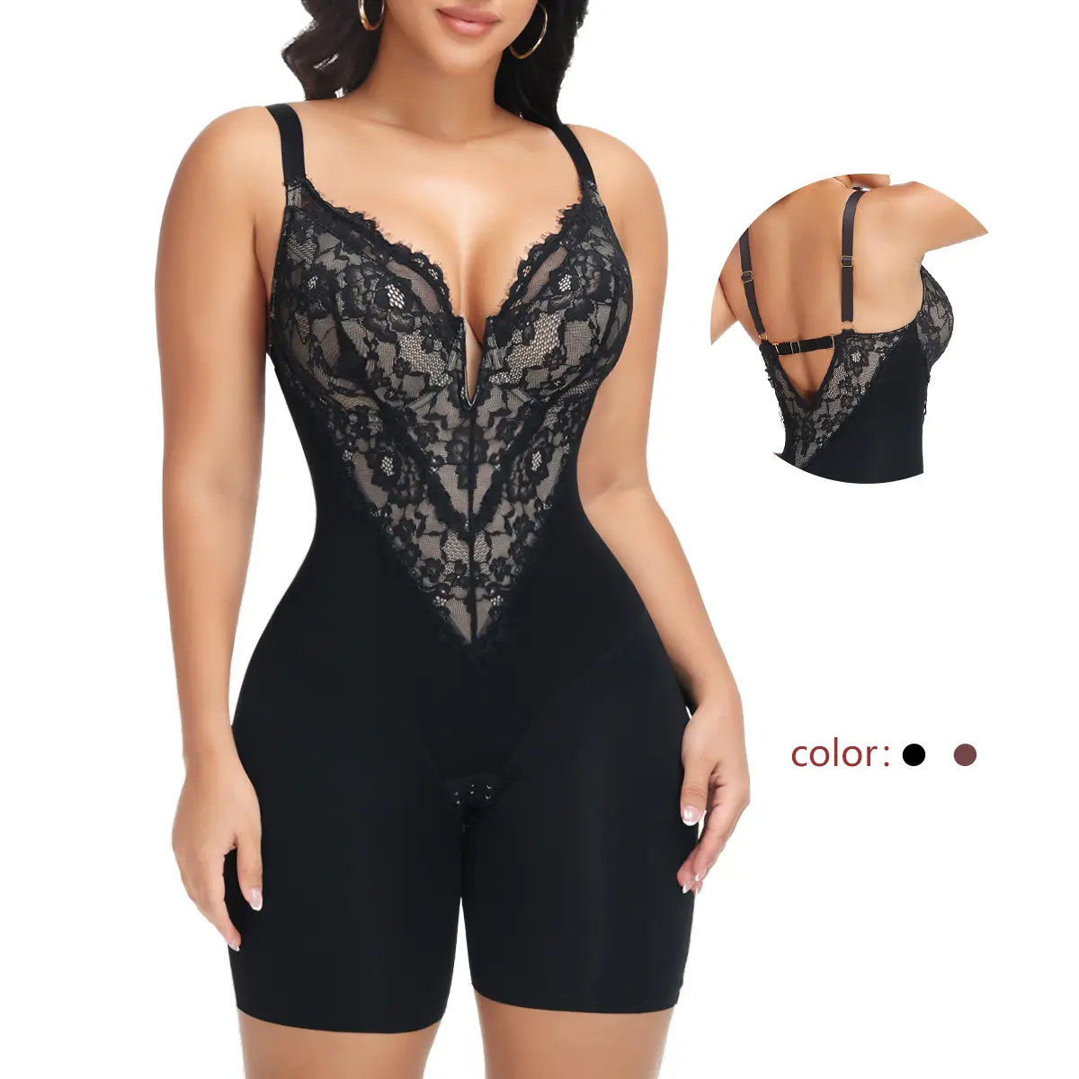 JOSHINE SHAPER Women's Lace Compression Bodysuit - Shapewear for Women, Sexy Faja, Tummy Control, V-Neck, Low Back, Butt Lifter, Breathable, Lightweight Shorts Body Suit, Black
