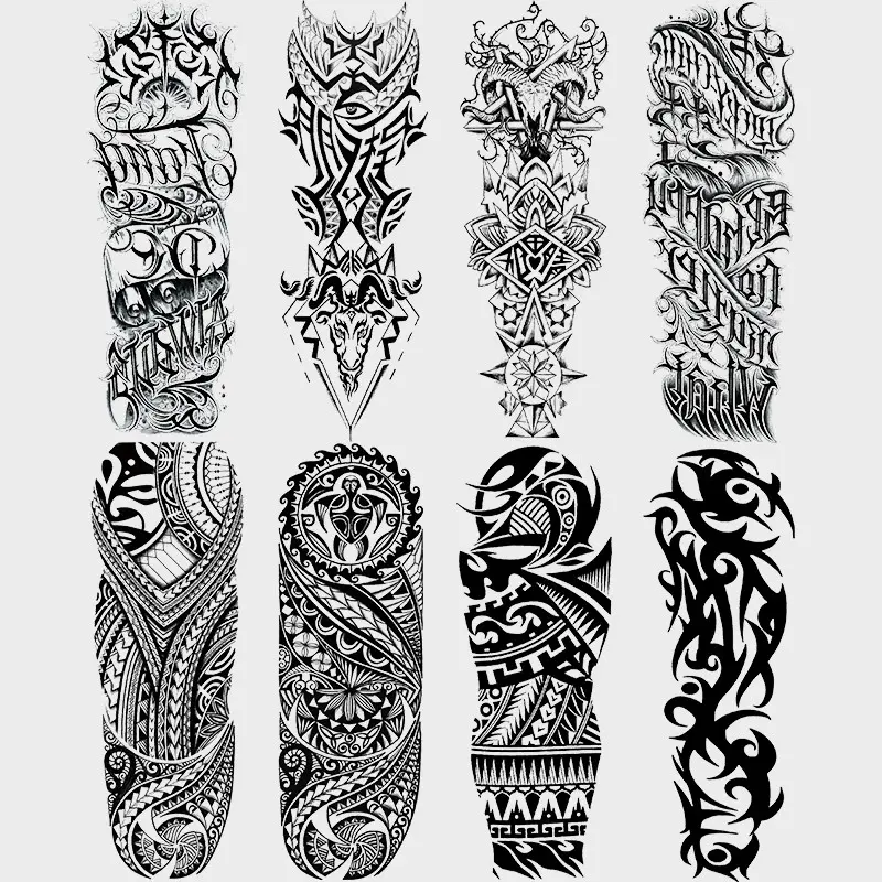 8 Pcs Full Arm Temporary Tattoo Stickers, Arm Sleeve Tattoos, Tribal Totem & Polynesian Design, Waterproof Realistic Ephemeral Tattoos, Aesthetic Tattoo Merch for Halloween Party Decor