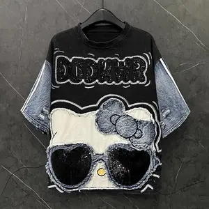 Sanrio Hello Kitty Denim Patchwork Short-Sleeve T-Shirt for Casual Wear - Comfortable & Stylish Denim Top with Unique Hello Kitty Design