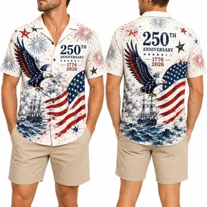 250th Anniversary of America Patriotic Hawaiian Shirt Men Four Way Stretch Breathable Tropical Print Summer Beach Casual Short Sleeve Shirt USA Independence Day Festive Outfit Gift for Him