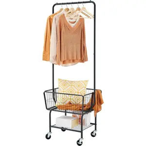 Laundry Cart with Hanging Rack, Metal Laundry with Wheels, Laundry Hamper with Storage and Shelf, Laundry Cart with Wheels, Black
