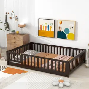 Bellemave  Full Size Floor Bed with Fence and Door,Rubber Wood Floor Bed with Safety Guardrails