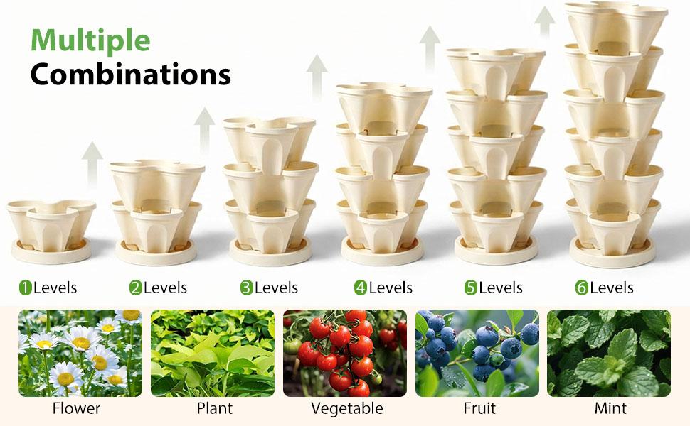 6 Tier Vertical Garden Stackable Planter for Strawberries, Flowers, Herbs, Vegetables, Ivory