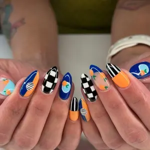 milo.nail&care Midnight Tortoise Chrome Press-On Nails, Blue Gemstone Gold Frame Detail, Glossy Aura French Design, Luxury Retro Glam Handmade Almond Nail Set, Dark Feminine Vintage Style