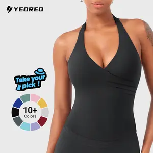 YEOREO Womens Halter Tank Tops Workout Impact Longline Strappy Top Padded Deep V Neck Wrap Gym Backless Bra Camisole summervibes