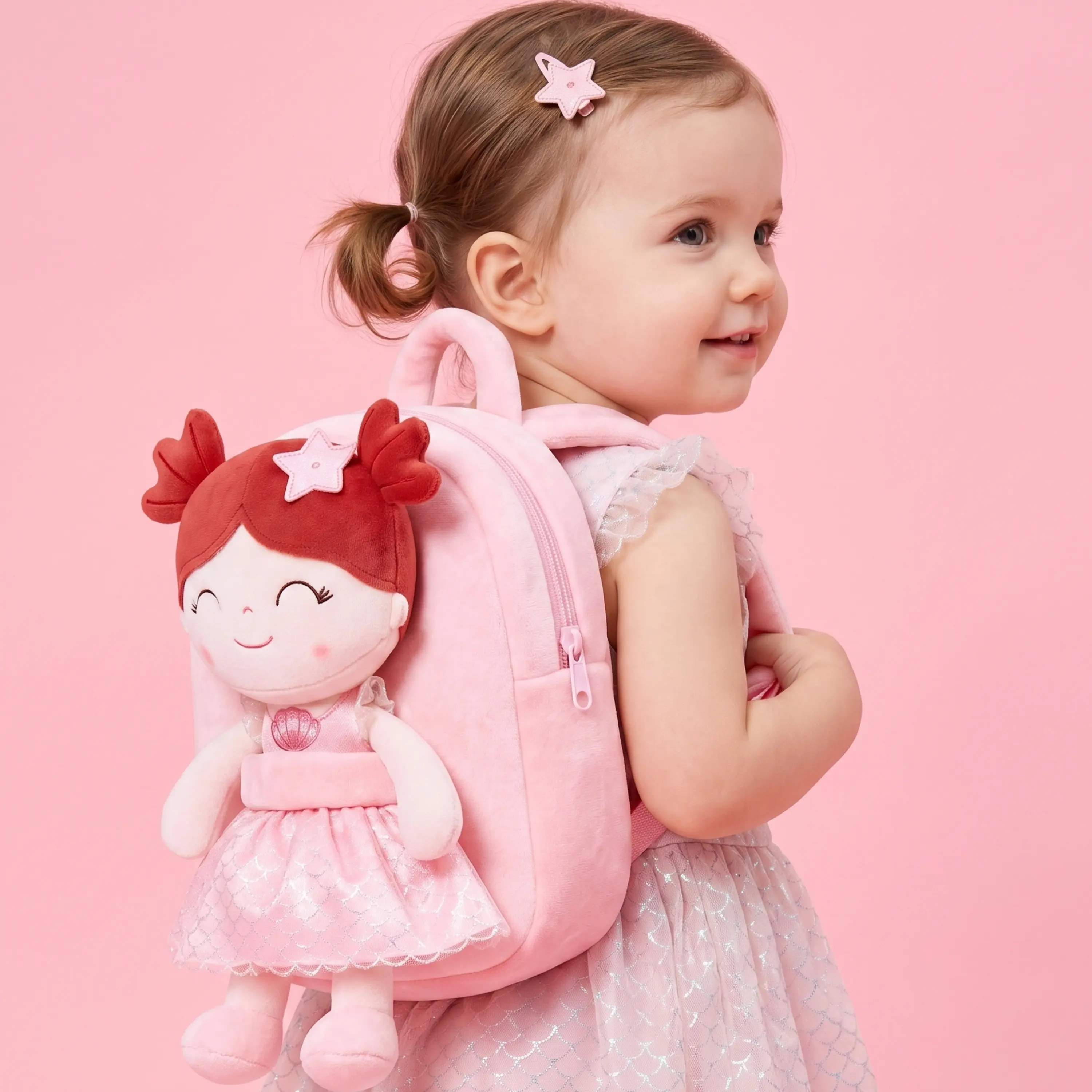 Gloveleya Toddler Girl Cute Adjustable Backpacks for Kindergarten, Preschool - First Back to School Soft Plush Backpack with Toy Doll, Cute Backpack
