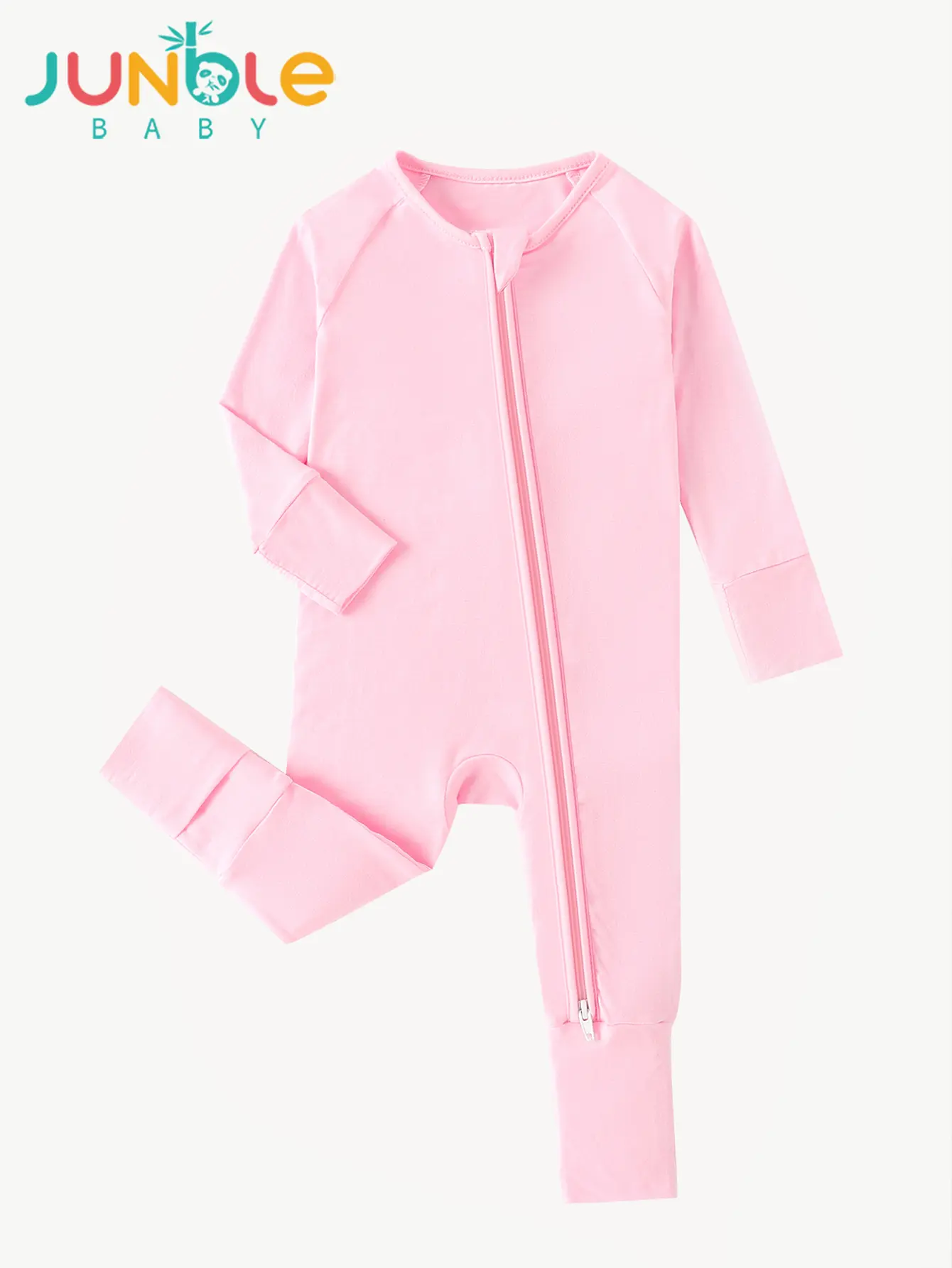 JUNBLEBABY Cotton Fiber Baby Zipper Long-Sleeved Shirt in Pink Solid Color with Double Zippers & Reversible Foot Covers Soft Breathable Fabric One-Piece Crawling Suit, Unisex, Plain