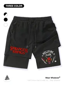 Stranger Things Hellfire Club Print Pants, Dual-Layer Design, Casual Breathable Sportswear, Suitable for Outdoor & Home Wear