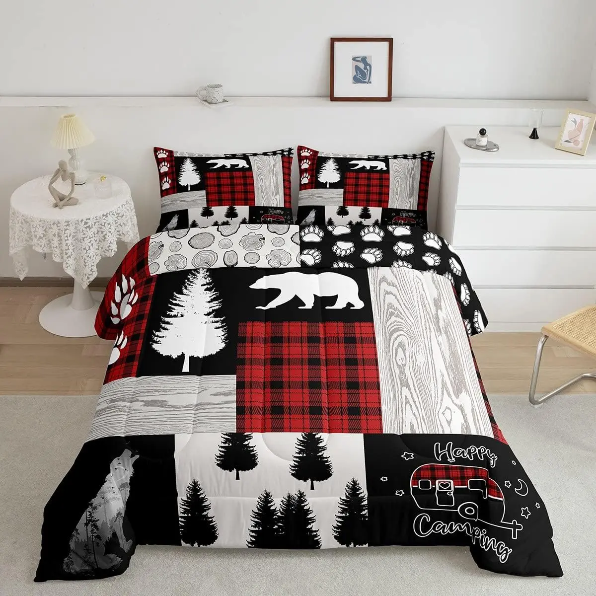 Feelyou Durable All-Seasons Microfiber Quilt Bedding Set - Red Black Buffalo Plaid Bedspread Set with Woodland Animal (Bear, Wolf) & Jungle Pine Tree Patches, Lightweight Warmth for Rustic Cabin, Camping Decor