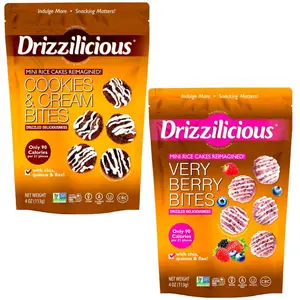 Drizzilicious Cookies & Cream & Very Berry Flavors Mini Rice Cakes Duo Pack Vegan Gluten-Free Non-GMO Allergen-Free 90 Calories Per Serving Crunchy Snack