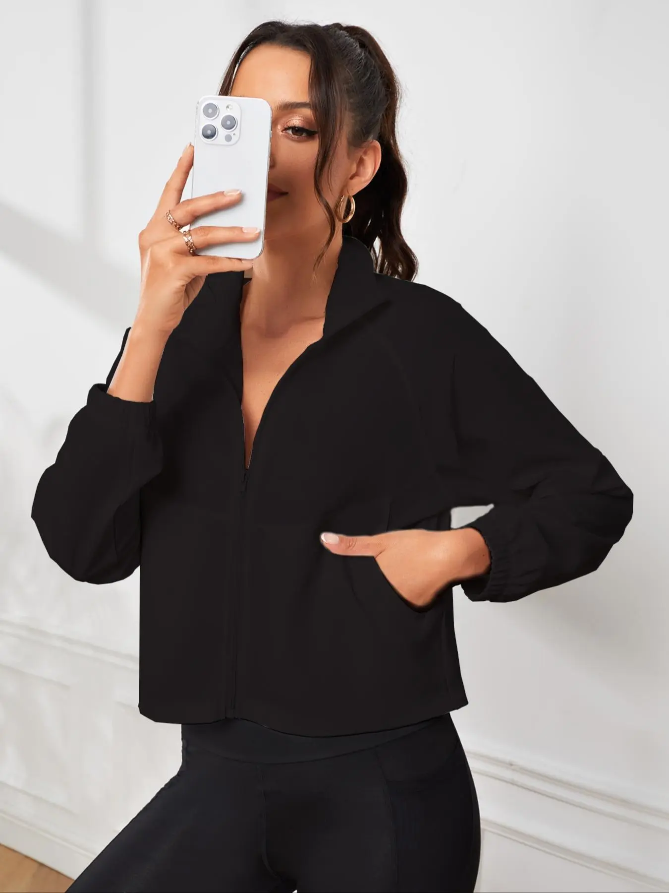 Women's Solid Fitted Zip Up Sports Jacket, Casual Long Sleeve High Collar Outerwear for Gym Workout Running, Ladies Sportswear for All Seasons, Womenswear, Casual Chic Outerwear, Workout Jackets