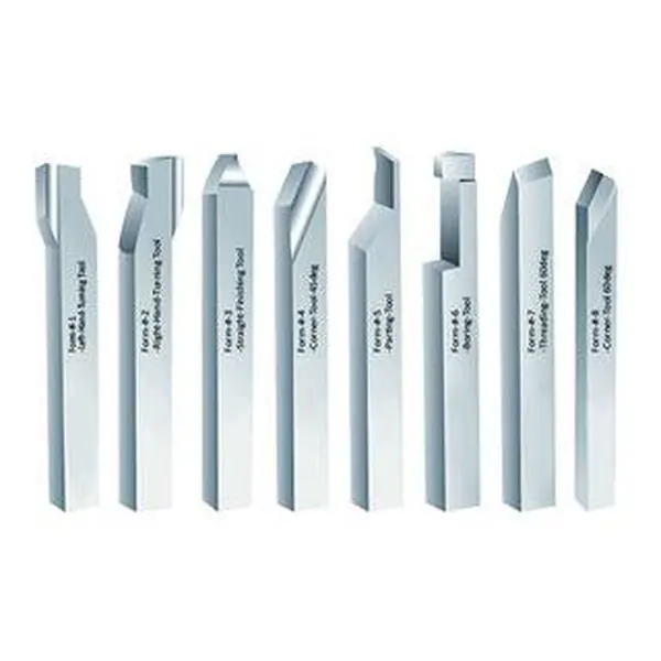 Precise 8-Piece High Speed Steel Lathe Turning Tool Set, 5/16"-3/16" Heat-Treated Tools with Ground Shanks, Boring Tool, Corner Tool (45°)