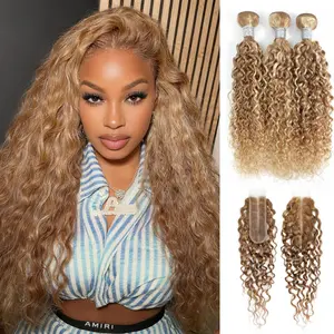 ALHER Blonde Highlight 3 Bundles with 2x6 Closure Water Wave Human Hair 13A Virgin #F27/613 Human Hair 3 Bundles with Color #27 Honey Blonde 2x6 HD Lace Closure Deep Parting Wet n Wavy Weave 100% Raw Brazilian Silky Colored Hair Bundle Weaves Extension