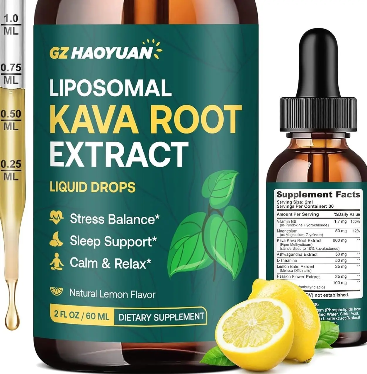 Liposomal Kava Kava Drops for Calming & Relaxation – Kava Root Extract Supplement with GABA, Ashwagandha & Magnesium - Support Mood & Better Sleep, Fast-Absorbing Vegan Kava Liquid Drops Lemon 2 Fl Oz