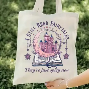 Canvas Tote Bag with Fairytale Book Print - Large Capacity, Multifunctional Grocery & Storage Bag, Buckle Closure for Readers and Fans