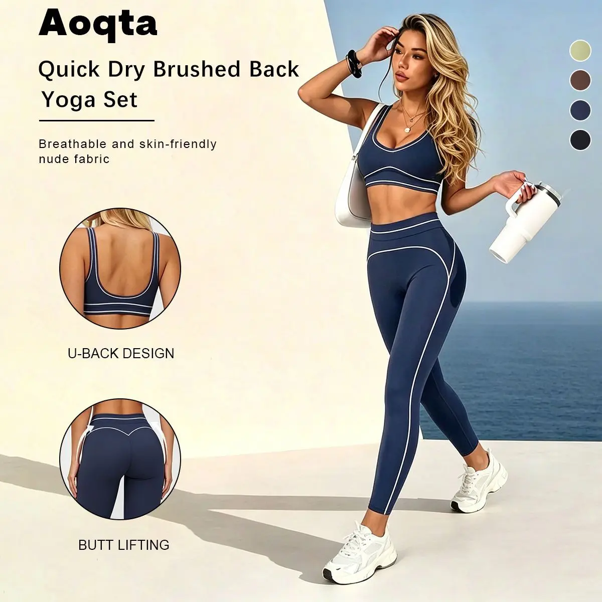 Aoqta yoga Women's Knitted 2-Piece Sport Casual Set, Sexy Backless Sleeveless U-Neck Contrast Trim Cropped Cami Tank Top and High Waist Tummy Control Butt Lifting Leggings Pants, for Yoga, Training, Gym and Daily Wear