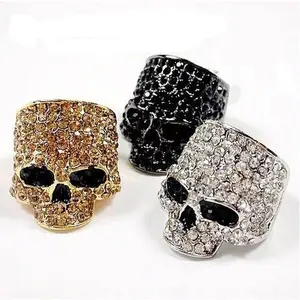Punk Style Rhinestone Skull Ring Women Full Diamond Metal Hip Hop Exaggerated Nightclub Jewelry