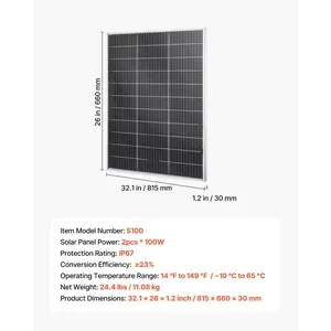 VEVOR 2PCS 100W Bifacial Solar Panels, 23 High-Efficiency N-Type Monocrystalline PV Module with MC4 Output Aluminum Frame, IP67 Waterproof Solar Panel for Car Boat RV Flat Rooftop Off-Grid