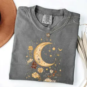 Comfort Colors Moon & Wildflower TShirt Cottagecore Graphic Tee, Botanical Gift, Garden Lover Aesthetic, Oversized Vintage Sun-Moon T-Shirt