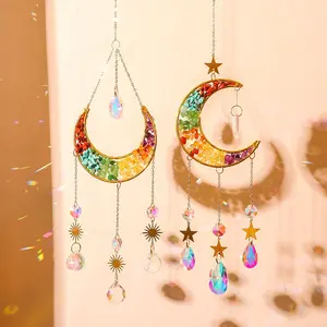 Colorful Beaded Moon Crystal Wind Chime Sun Catcher Hanging Decoration, Garden Decor Gift for Crystal Lovers, Wall Mounted