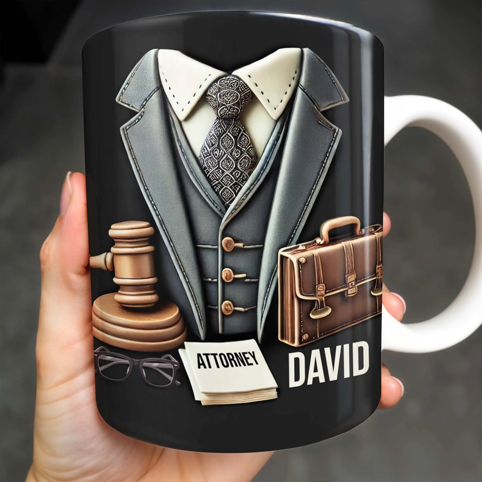 Attorney Mug Suit Tie Briefcase Gavel Gift, (Leave Note at Checkout), 2D Printed 3D Effect Coffee Cup, Custom Name Lawyer Mug, Legal Professional Appreciation Gift, Courtroom Attorney Keepsake, 11oz Ceramic Mug