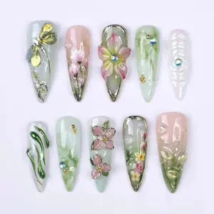 Press On Nails Dragonfly with Pink Flower | 3D Nature Fake Nails in Long Almond | Handmade Spring Nail Art for Holiday, Vacation, Birthday