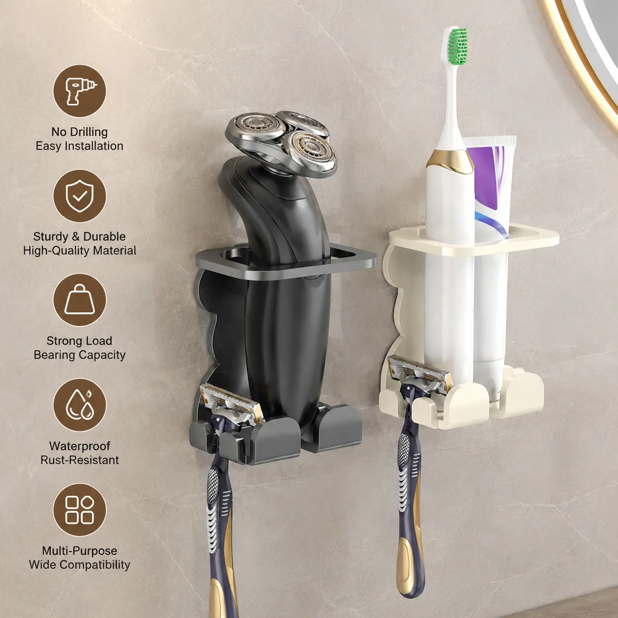 1 Count Wall Mount Razor Holder, two-tone optional, holds manual and electric razors, for bathroom wall grooming supplies storage