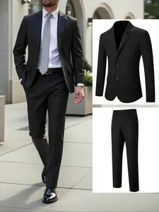 Men's Business Casual Suit Set, Woven Fabric, Fitted Style, Spring & Fall Wear, Ideal for Work, Weddings, Daily Commuting