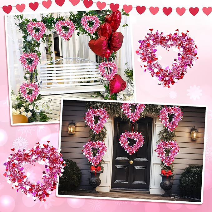 Valentine's Day Heart Wreath 8/6/3 Pcs Red Pink Tinsel Heart Shaped Hanger Wreath for Front Door Window Wall Mantle Kitchen Cabinet Romantic Atmosphere Valentines Decor Wedding Decorations Anniversary Birthday Party Spring Indoor Outdoor Home Decor