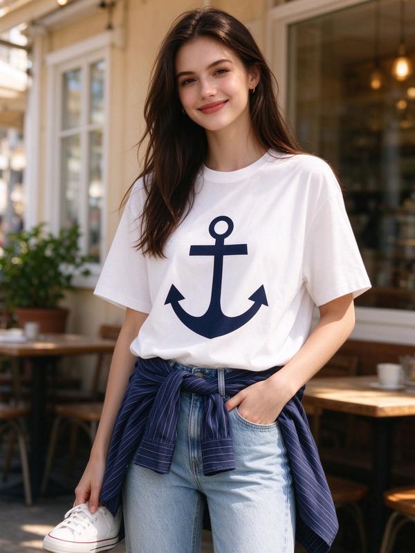Lady's Cotton Sailor Anchor Print T-Shirt - Oversized Fitted-Style Casual Top, Soft Comfort Basic for Spring-Autumn, Beach Vacation Everyday Outfit