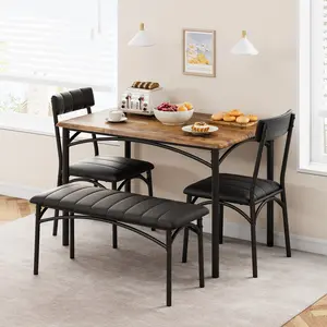 Dining Table Set for 4, Kitchen Table with Upholstered Chairs and Bench, 4-Person Dining Room Table Set, Rectangular Kitchen Table Set for Small Space, Apartment, Home, Studio, Rustic Brown Furniture Set