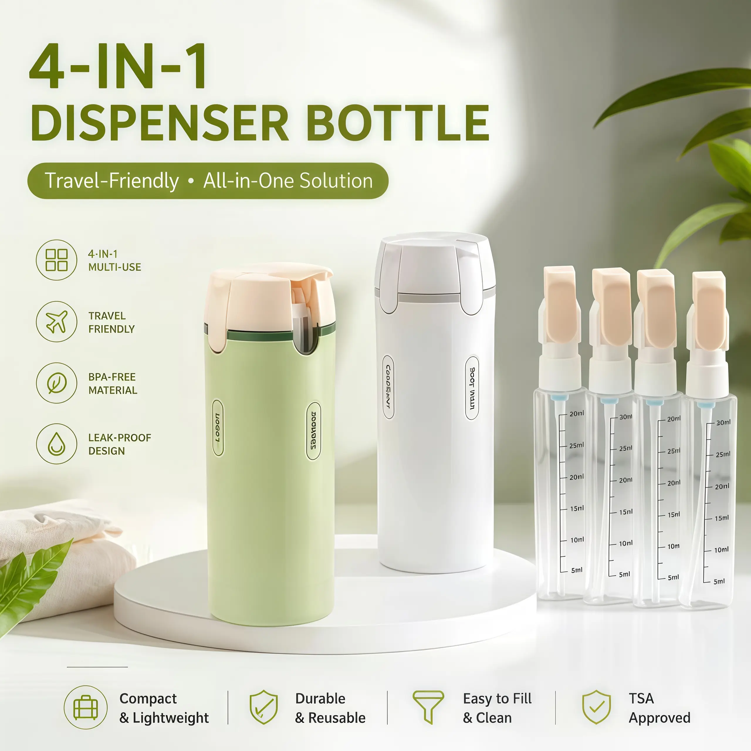 1/2/3 PCS Multi-Pack 4-in-1 Travel Refill Dispenser Bottles - Home Supplies Compact Fit Plastic Body Lidded Containers, Press Design for Smooth Dispensing, Toiletries/Cosmetics Use, Wholesale Available, Storage Bottles & Jars