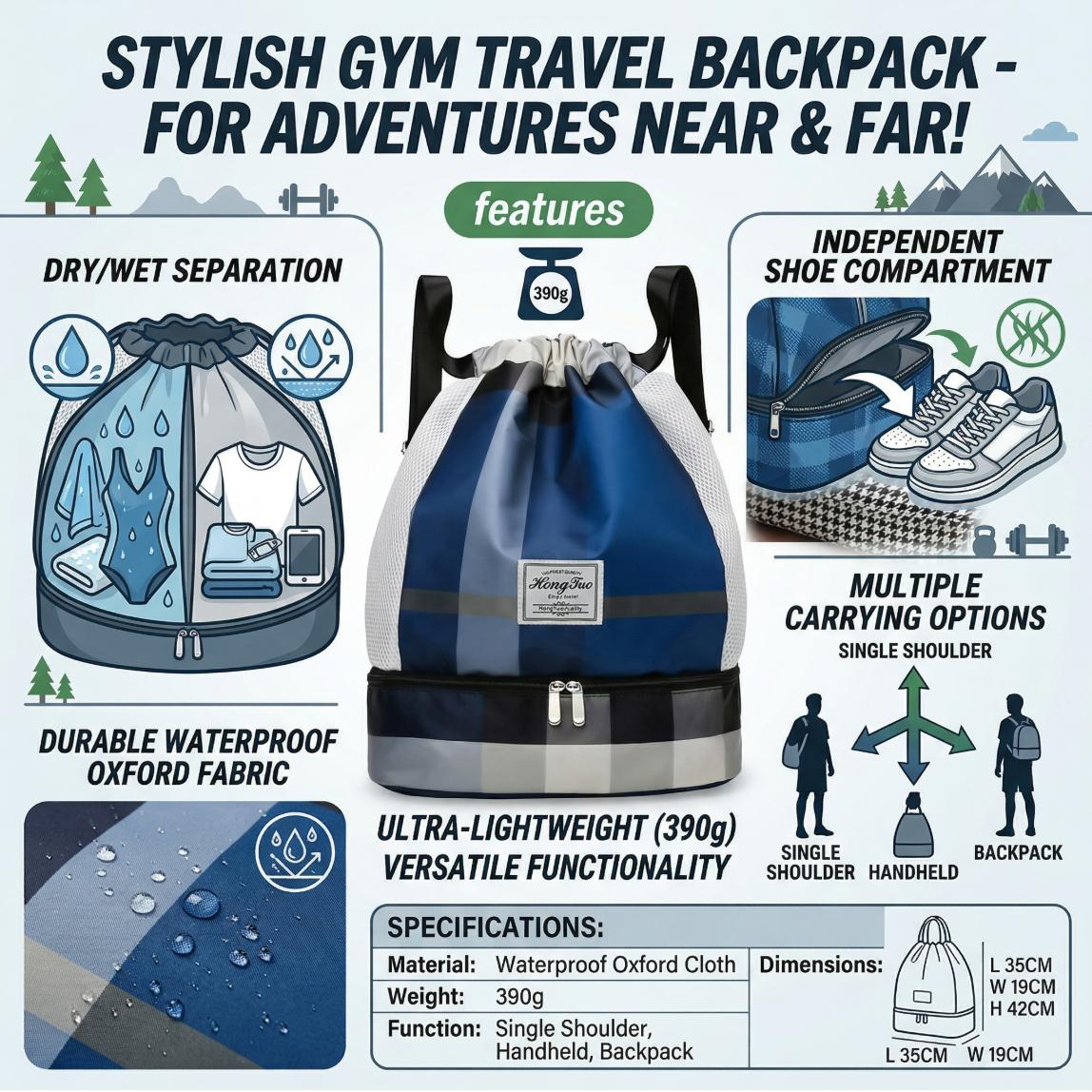 Drawstring Backpack with Separate Compartments for Dry Wet Items & Dedicated Shoe Compartment Ideal for Gym Swimming Beach Trips Drawstring Backpack with Separate Compartments for Dry Wet Items & Dedicated Shoe Compartment Ideal for Gym Swimming Beach Trips