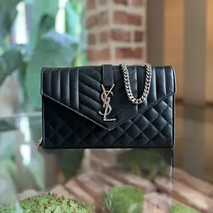 Pre-owned Yves Saint Laurent Leather Crossbody Bags SAINT LAURENT Envelope Wallet On Chain Black Triquilt Grain De Poudre Crossbody