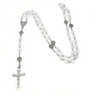 Colorful Crystal Beads Rosary Necklaces Cross Pendant Catholic Religious Necklaces for Men Women Jewelry Gift Long Chain