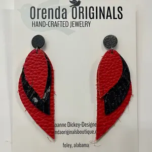 Leather Earrings, Red, Black, Georgia, Football, Gameday, Leather, Cute Female