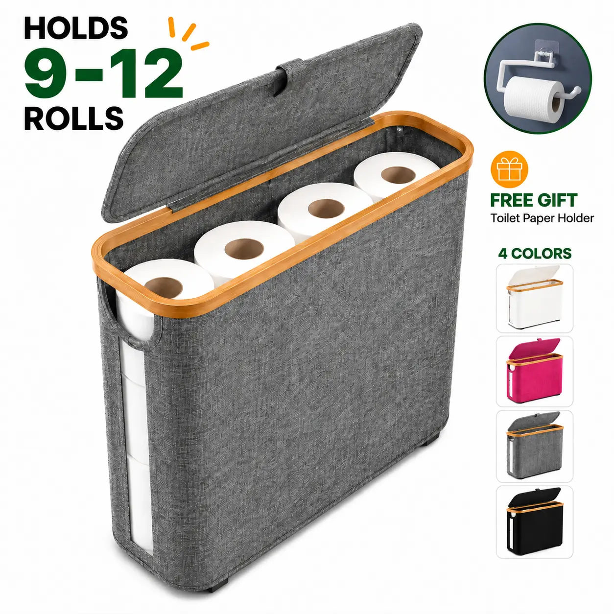 Slim Toilet Paper Storage Organizer, Lidded Bathroom Storage Bin, Tissue Roll Basket, Toilet Paper Container with Bamboo Frame & Oxford Fabric for Toilet Side, Restroom, Apartment, Guest Bathroom & Narrow Spaces