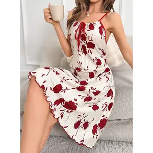 Printed camisole loungewear casual nightdress, chest tie design, sexy sleep dress